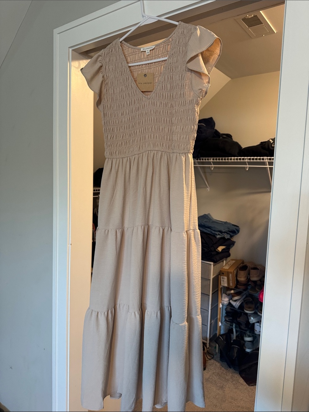 Blu Pepper Beige Smocked V-Neck Tiered Maxi Dress